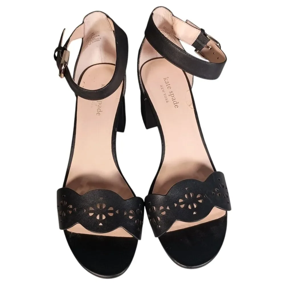 Kate Spade New York Willow Sandal Shoe 8.5 Block Heel Ankle Strap Black Leather